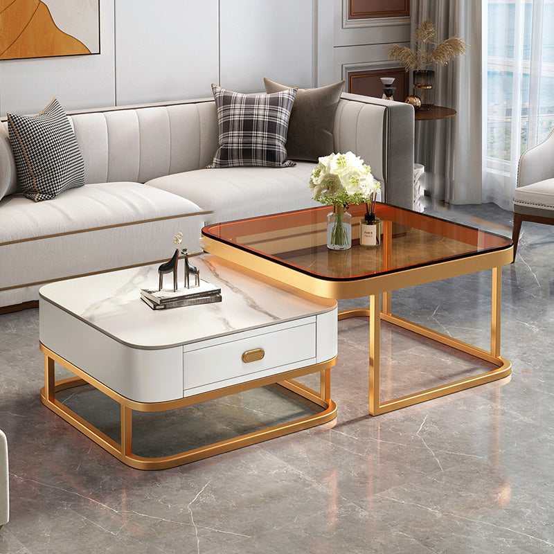 Modern Metal Frame Cocktail Table Square Glass / Slate Coffee Table with Drawer