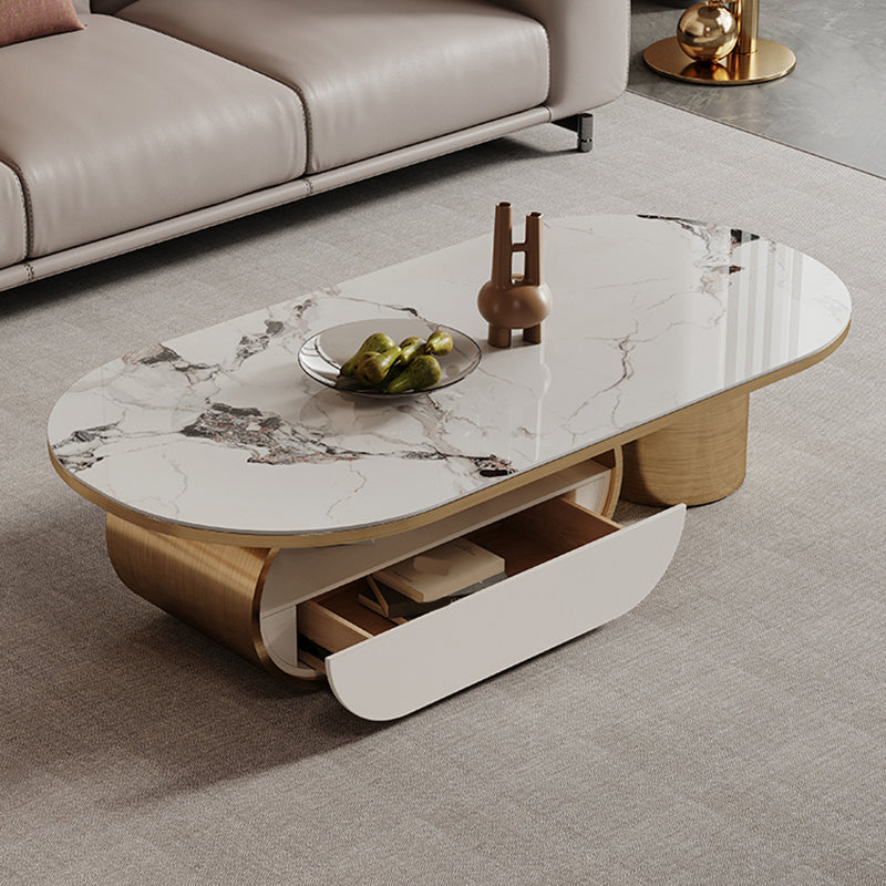 Elliptical Slate Top Coffee Table 1 -shelf Glam Cocktail Table with 1 - Drawer