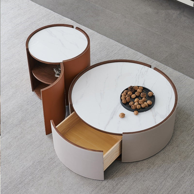 Contemporary Round Coffee Table Leather and Stone Coffee or End Table Drum 31.5"L x 31.5"W x 12"H + 20"L x 20"W x 20"H Drawers Included Clearhalo 'Coffee & Accent Tables' 'Coffee Tables' 'coffee_tables' 'furn' 'furn_coffee_tables' 'Furniture' 'Living Room Furniture' 6655751