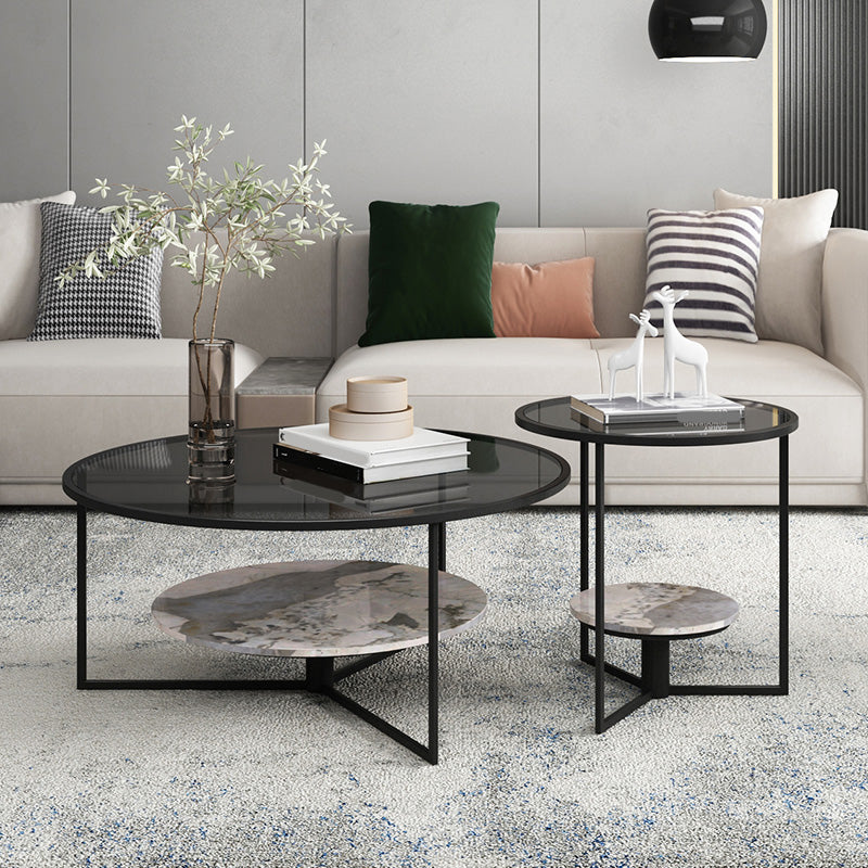 Contemporary Coffee Table Round Glass Top Cocktail Table with Storage 36"L x 36"W x 16"H + 20"L x 20"W x 20"H Clearhalo 'Coffee & Accent Tables' 'Coffee Tables' 'coffee_tables' 'furn' 'furn_coffee_tables' 'Furniture' 'Living Room Furniture' 6671139