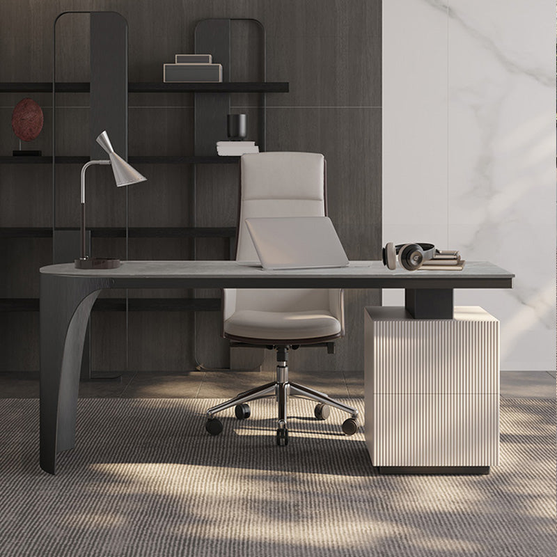 Stone Peninsula Office Desk 2 Drawers 27.56" Tall Writing Desk 70.9"L x 27.6"W x 29.5"H Black Clearhalo 'furn' 'furn_office_desk' 'Furniture' 'Office Desks' 'Office Furniture' 'office_desk' 6684112