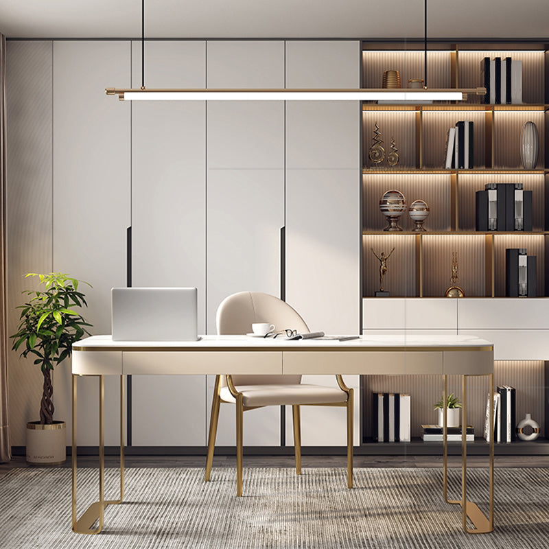 Modern Stone Curved Office Desk 29.53" Tall 2 Drawers Writing Desk 70.9"L x 23.6"W x 29.5"H White-Gold Clearhalo 'furn' 'furn_office_desk' 'Furniture' 'Office Desks' 'Office Furniture' 'office_desk' 6684222