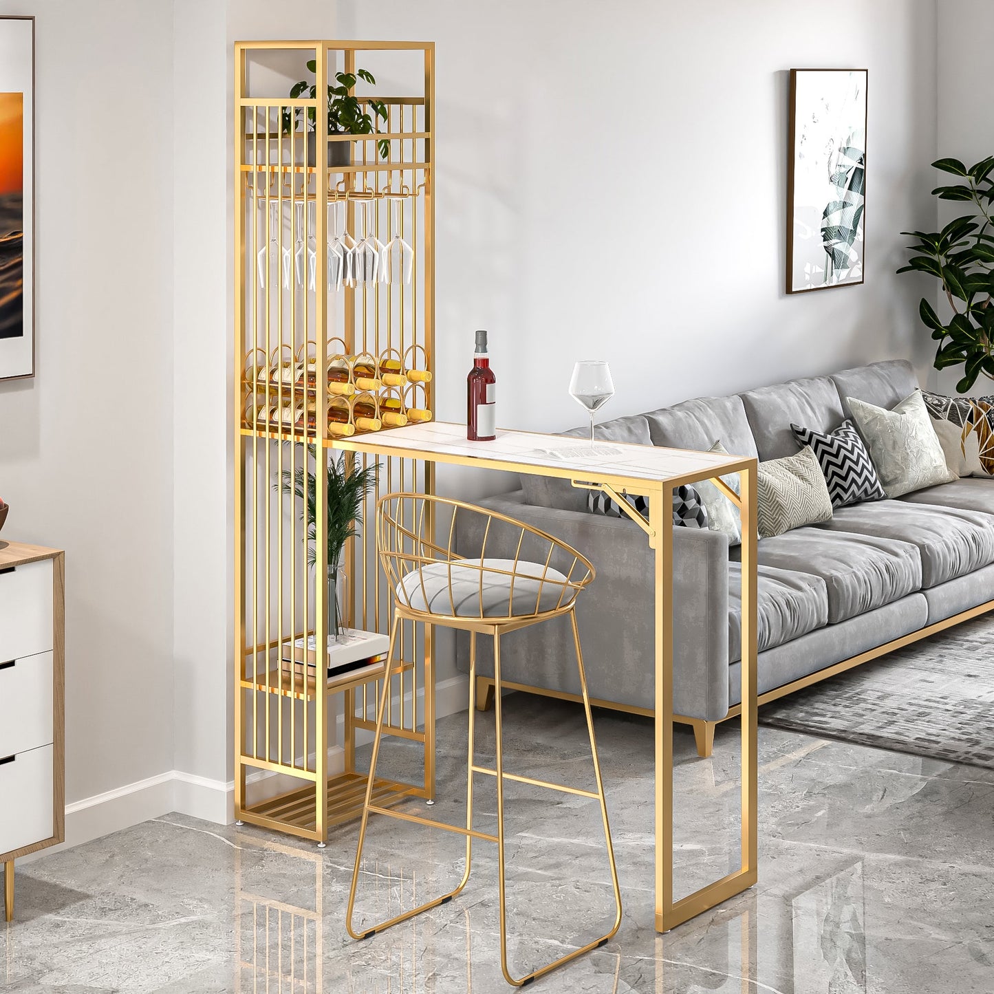 Modern Style Bar Table Set 1/2 Pieces Rectangle Bar Table with Upholstered Stool 2 Pieces: White Gold Table, Stool Clearhalo 'Bar Furniture' 'furn' 'furn_home_bar_bar_sets' 'Furniture' 'Home Bars & Bar Sets' 'home_bar_bar_sets' 'Kitchen & Dining Furniture' 6687470