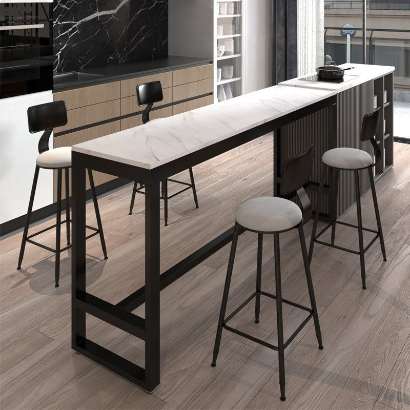 Rectangular Bar Height Table White Faux Marble Top Bistro Pub Table 86.6"L x 15.7"W x 41.3"H Black Without Chairs Clearhalo 'Bar Furniture' 'Bar Tables' 'bar_tables' 'furn' 'furn_bar_tables' 'Furniture' 'Kitchen & Dining Furniture' 6689374