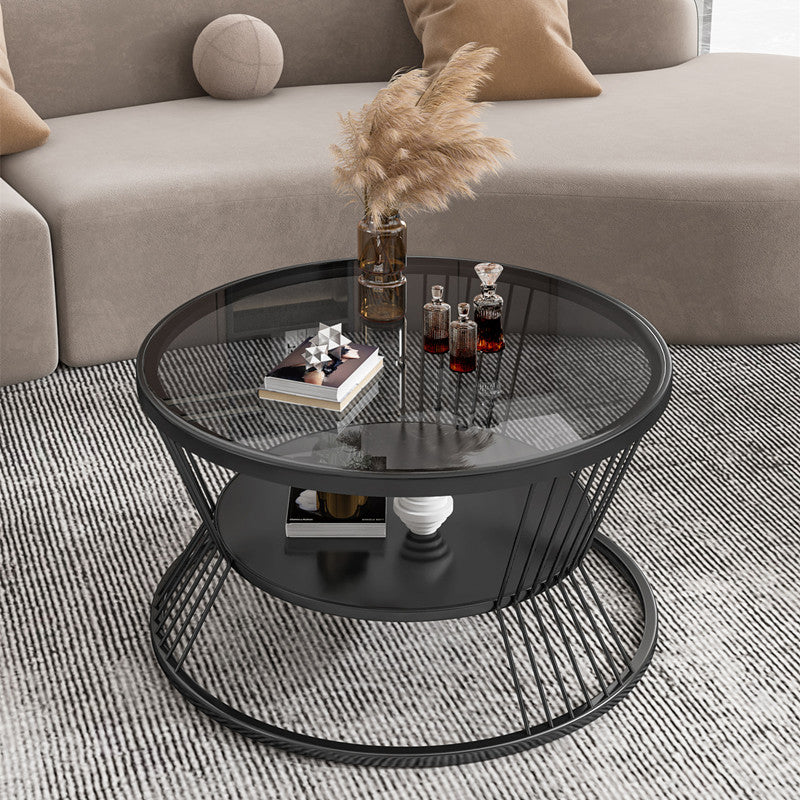 Mesa de café de café de vidrio y metal mesa de café tropical con estante