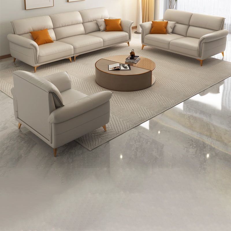 Genuine Leather Biscuit Back Sofa Modern Beige Flared Arm Cushions Sofa