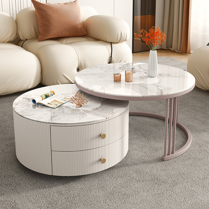 Contemporary Round Coffee Table 2-Piece Coffee or End Table in White and Grey