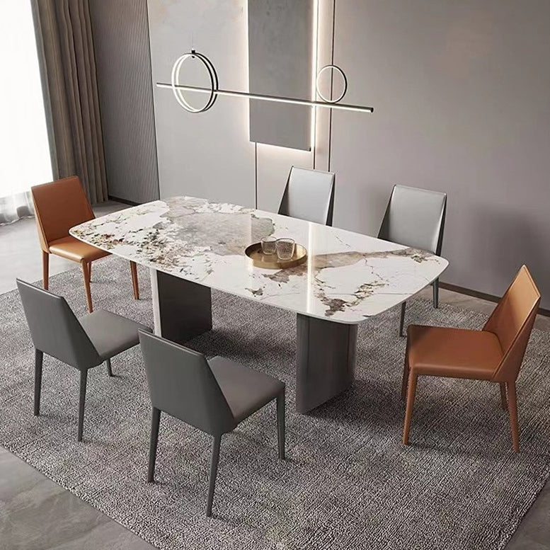 White Stone Dining Table Set 1/2/5/7 Pieces Glam Dinette Set for Kitchen 7 Pieces: Table, 4 Grey+2 Orange Chairs Clearhalo 'Dining Room Sets' 'Dining Tables & Seating' 'dining_room_set' 'furn' 'furn_dining_room_set' 'Furniture' 'Kitchen & Dining Furniture' 6739786