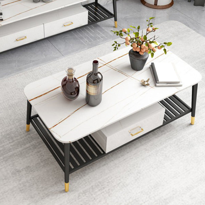 4 Legs Coffee Table Slate Top Coffee Cocktail Table with Shelf