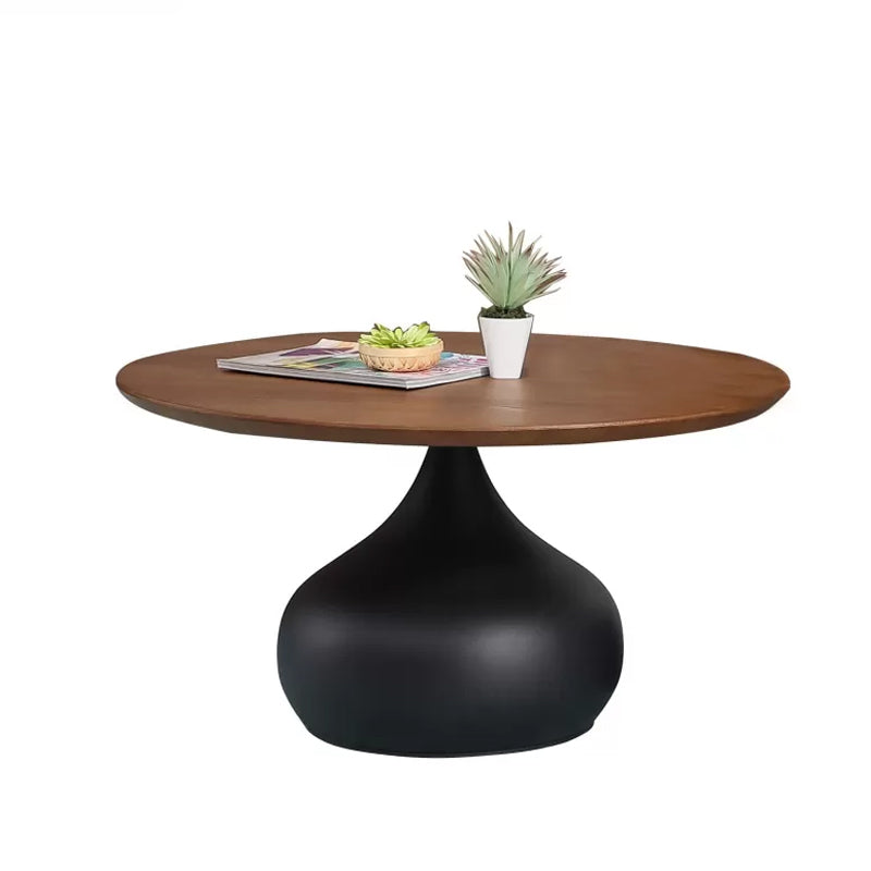 Modern Round Wooden Coffee Table Iron Pedestal Cocktail Table