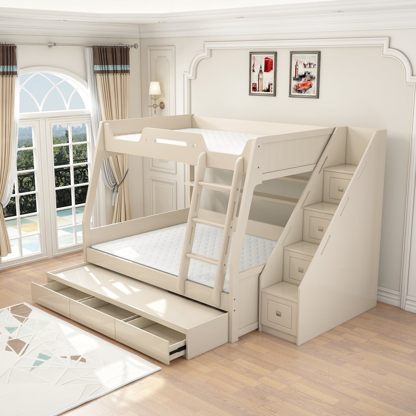 Matelas blanc en bois contemporain inclus avec des tiroirs lit superposé rectangulaire