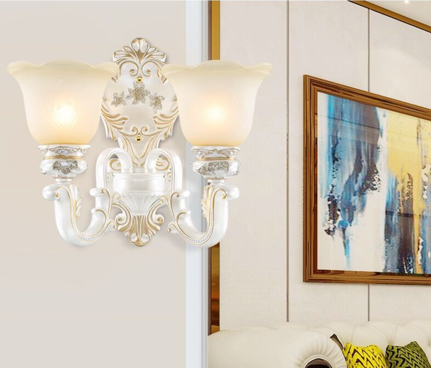 White-Gold Floral Wall Lamp Kit Retro Style Frosted Glass 1/2-Head Living Room Sconce Light Clearhalo 'Wall Lamps & Sconces' 'Wall Lights' Lighting' 6787
