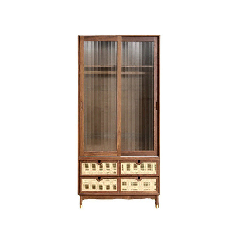 Sliding Solid Wood Wardrobe Closet with Legs Modern Wardrobe Cabinet Walnut Glass Clearhalo 'Armoires & Wardrobes' 'armoires_wardrobes' 'Bedroom Furniture' 'furn' 'furn_armoires_wardrobes' 'Furniture' 6793466
