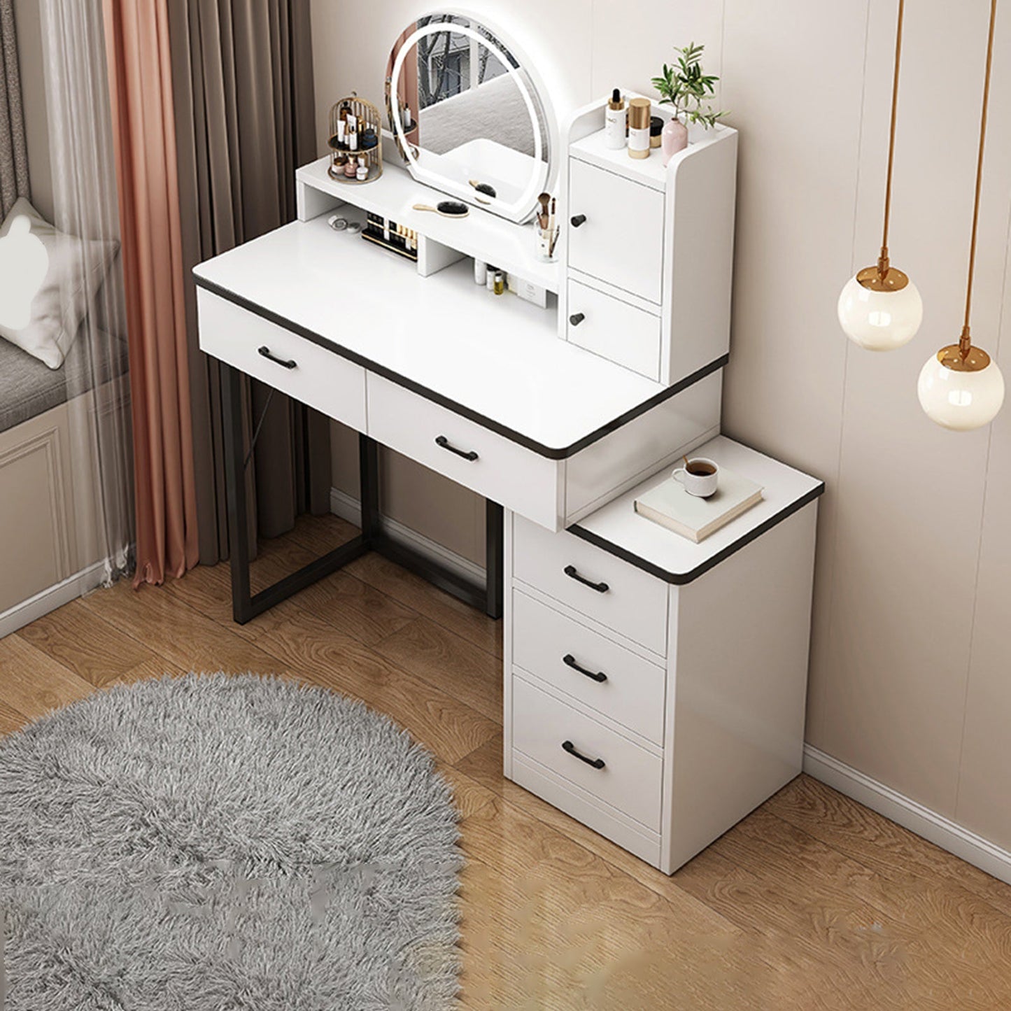 Contemporary Makeup Vanity Desk Table with 5 Drawers and Mirror