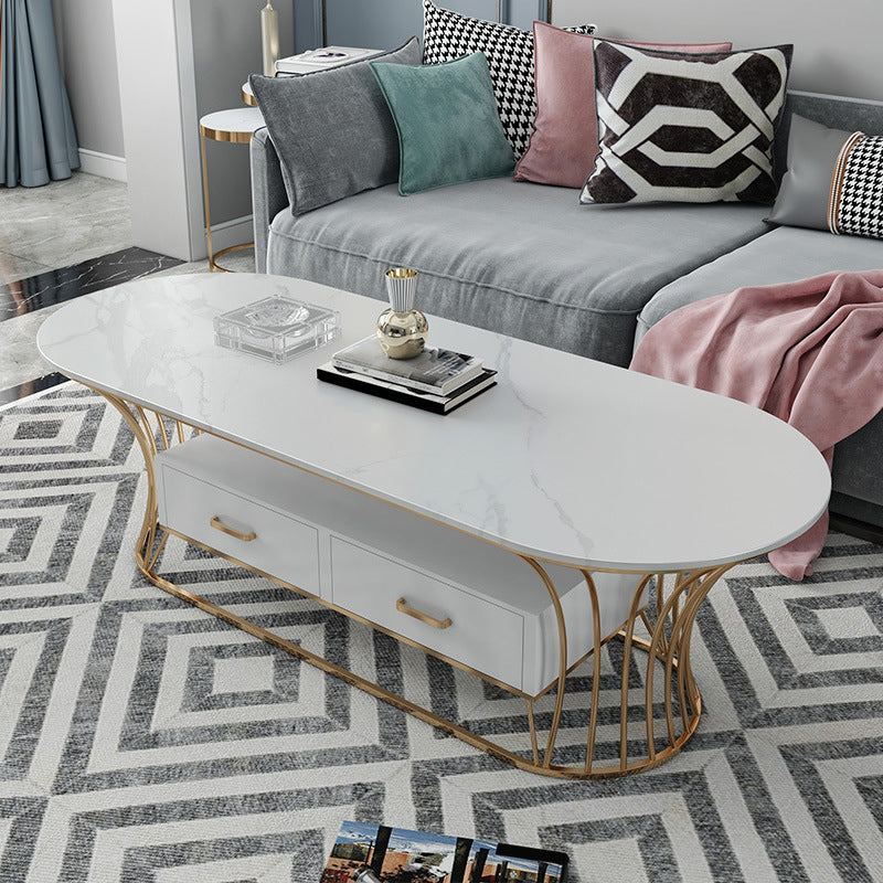 Glam Frame Single Coffee Table Oval Coffee Table with Drawer 47"L x 24"W x 18"H White Stone Clearhalo 'Coffee & Accent Tables' 'Coffee Tables' 'coffee_tables' 'furn' 'furn_coffee_tables' 'Furniture' 'Living Room Furniture' 6816330