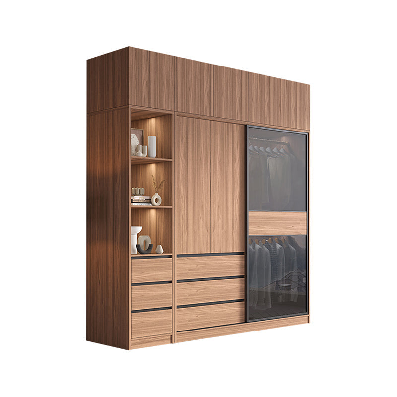Glass and Wood Wardrobe Cabinet Brown Wardrobe Armoire with Garment Rod Armoire & Side Cabinet & Top Cabinet Clearhalo 'Armoires & Wardrobes' 'armoires_wardrobes' 'Bedroom Furniture' 'furn' 'furn_armoires_wardrobes' 'Furniture' 6825654