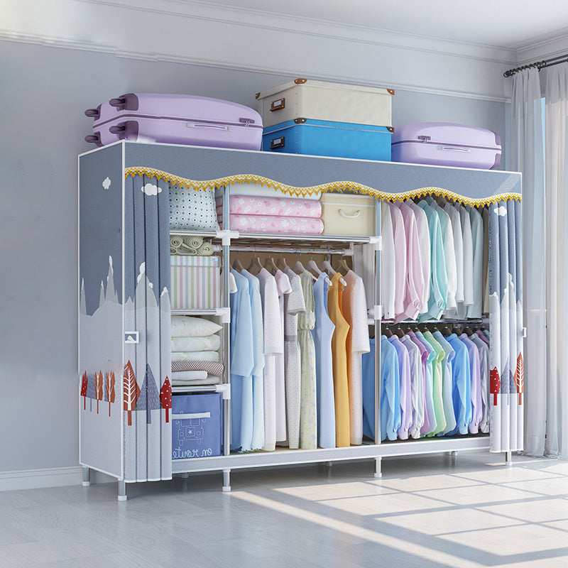 Modern Coat Rack Metal Framed Hanging Rail and Storage Shelving Hall Tree 79"L x 18"W x 67"H Denim Blue Clearhalo 'Entry & Mudroom Furniture' 'furn' 'furn_hall_tree_coat_racks' 'Furniture' 'Hall Trees & Coat Racks' 'hall_tree_coat_racks' 6843867