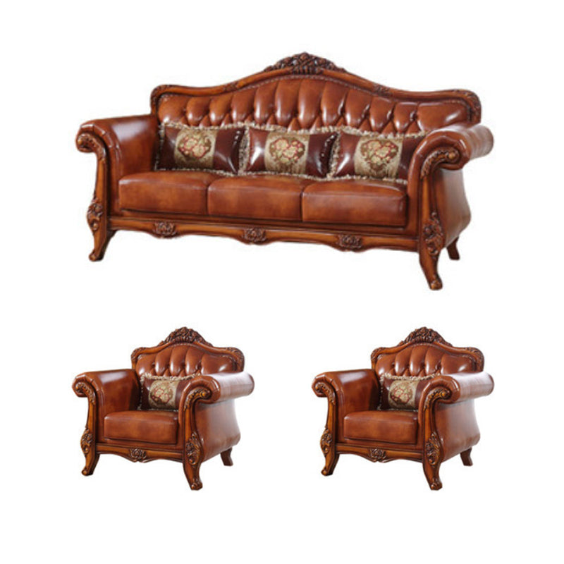 Genuine Leather Tufted Back Sofa Leather Round Arm Sofa in Brown