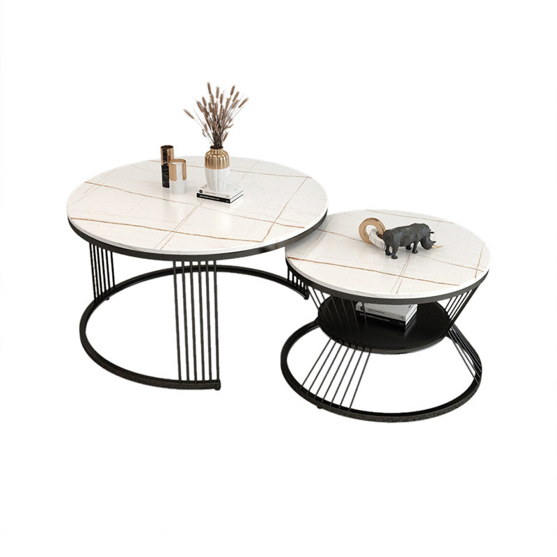 Round Slate Coffee Table Glam Nesting Coffee Table Set with Storage Shelf