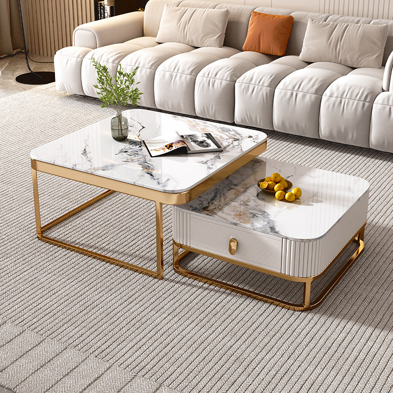 Glam Coffee Table Set Slate 2-Piece Coffee Cocktail Table with Drawer 31"L x 31"W x 16"H + 24"L x 24"W x 12"H White Gold Clearhalo 'Coffee & Accent Tables' 'Coffee Tables' 'coffee_tables' 'furn' 'furn_coffee_tables' 'Furniture' 'Living Room Furniture' 6862225