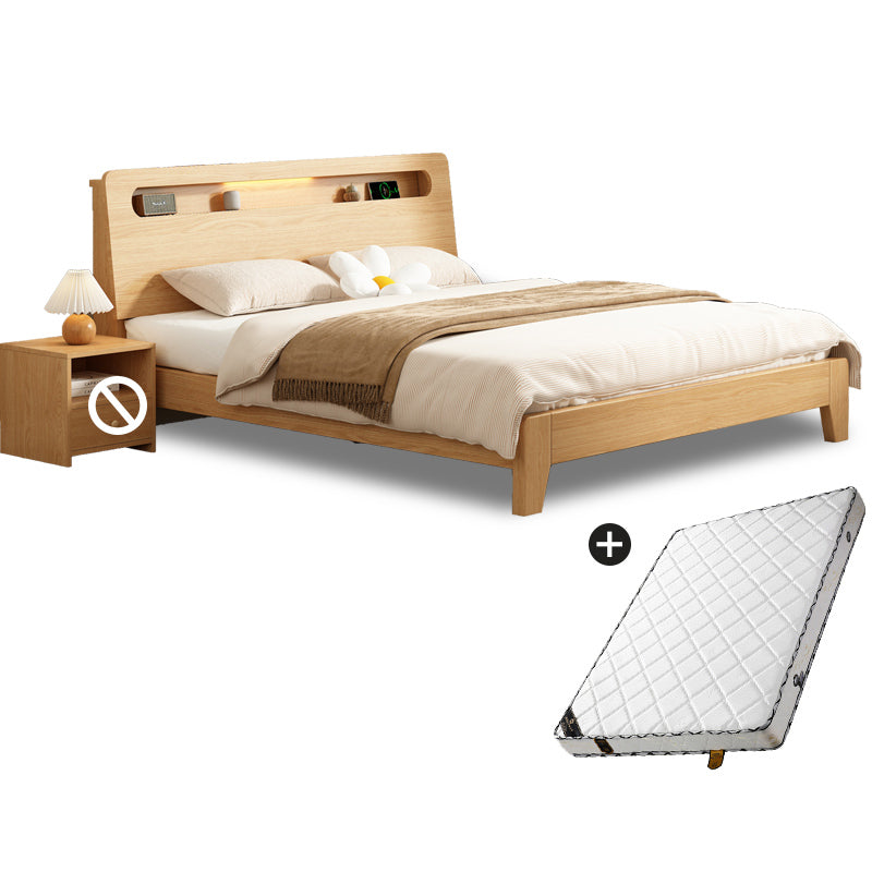 Natural Solid Wood Panel Bed with Headboard Standard Bed with Shelves