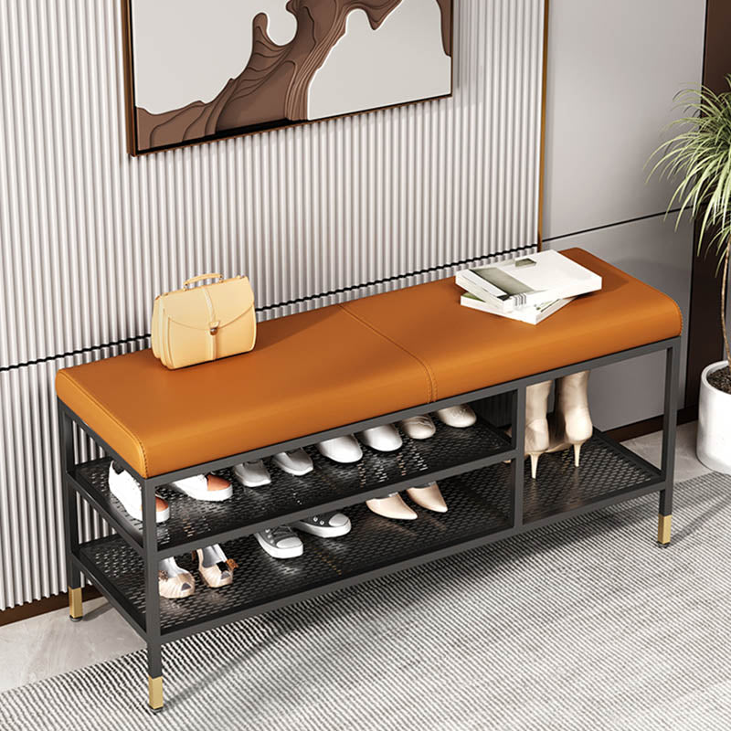 Metal Cushioned Bench Modern Seating Bench with Shelves for Entryway 47"L x 13"W x 18.5"H Brown Clearhalo 'Benches' 'Chairs & Seating' 'furn' 'furn_benches' 'Furniture' 'Living Room Furniture' 6894458