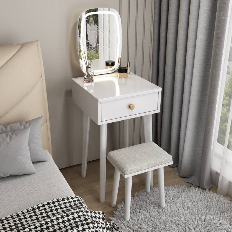 Scandinavian Solid Wood Vanity Dressing Table with Mirror and Stool