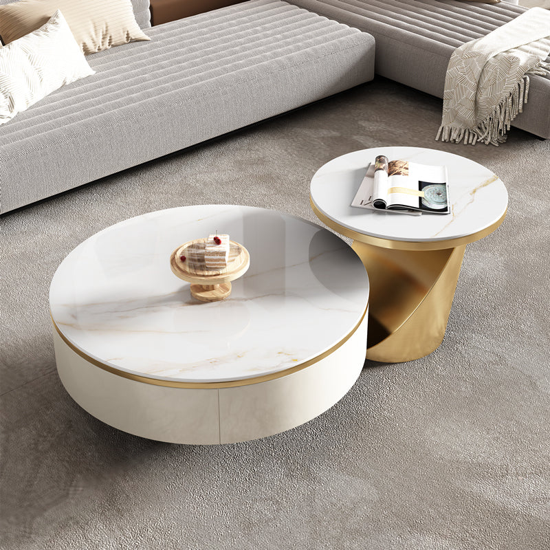 Slate Glam Coffee Table Round Nesting Coffee Table Set with Drawer