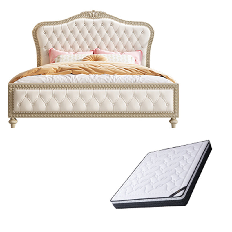 Queen Size Victoriaans houten bedframe getuft gestoffeerd standaardbed in beige