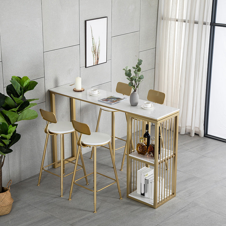 White Rectangle Faux Marble Top Bar Table Industrial Double Pedestal with Shelves