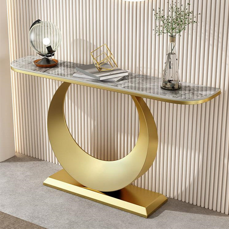 Contemporary Console Accent Table Antique Finish Half Moon Console Sofa Table in Stone 59"L x 12"W x 31"H Gold Gray Clearhalo 'Console Tables' 'console_tables' 'Entry & Mudroom Furniture' 'furn' 'furn_console_tables' 'Furniture' 6977501
