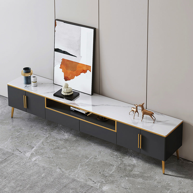 Glam TV Stand Console Open Storage Media Console TV Stand with Drawers 87"L x 14"W x 17"H Glass Clearhalo 'furn' 'furn_tv_stands_entertainment_centers' 'Furniture' 'Living Room Furniture' 'TV Stands & Entertainment Centers' 'TV Stands & Media Storage Furniture' 'tv_stands_entertainment_centers' 6982636