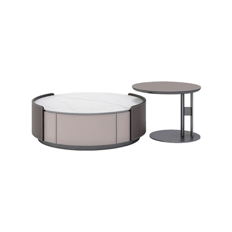 Slate and Leather Drum Coffee Table Modern Round Cocktail Table Set with Storage Clearhalo 'Coffee & Accent Tables' 'Coffee Tables' 'coffee_tables' 'furn' 'furn_coffee_tables' 'Furniture' 'Living Room Furniture' 6993633