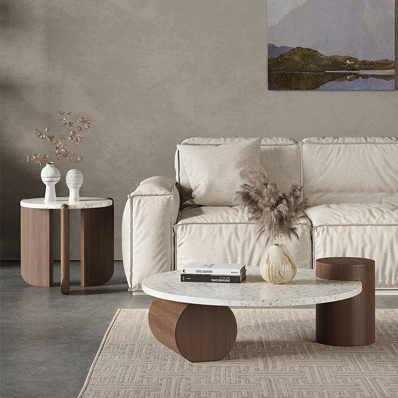 Weißer runder Couchtisch Terrazzo und Kiefernholz Cocktailtisch Set