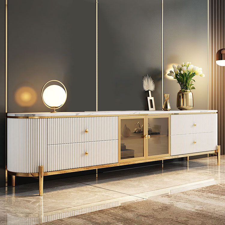Marble Glam TV Console White 4 Drawers Media Console with Doors 94.5"L x 16"W x 23"H White Clearhalo 'furn' 'furn_tv_stands_entertainment_centers' 'Furniture' 'Living Room Furniture' 'TV Stands & Entertainment Centers' 'TV Stands & Media Storage Furniture' 'tv_stands_entertainment_centers' 6995255