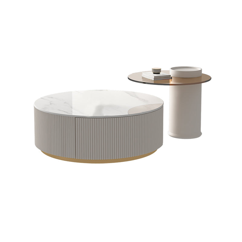 Modern Stone Drum Coffee Table with Storage Dia 31.5" Cocktail Table in Withe 31"L x 31"W x 13"H+24"L x 24"W x 16"H Ribbed Clearhalo 'Coffee & Accent Tables' 'Coffee Tables' 'coffee_tables' 'furn' 'furn_coffee_tables' 'Furniture' 'Living Room Furniture' 6998274