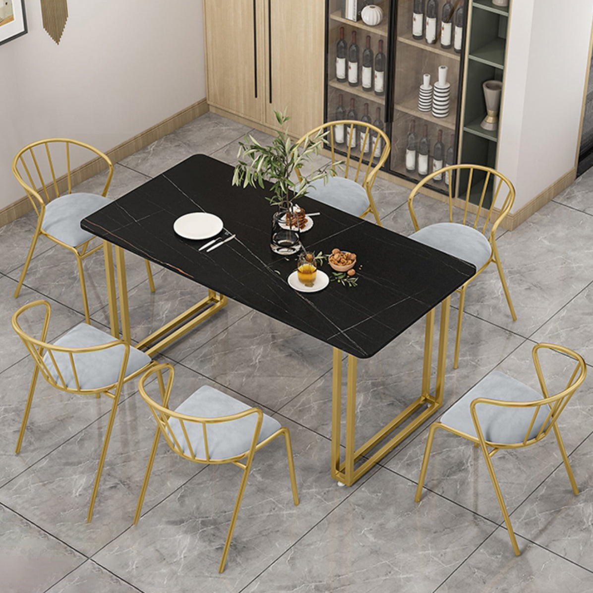 Nordic Rectangle Stone Dining Table 1/5/7 Pieces Dining Set for Dining Room 7 Pieces: Black-gold Table, 6 Chairs Clearhalo 'Dining Room Sets' 'Dining Tables & Seating' 'dining_room_set' 'furn' 'furn_dining_room_set' 'Furniture' 'Kitchen & Dining Furniture' 6999510