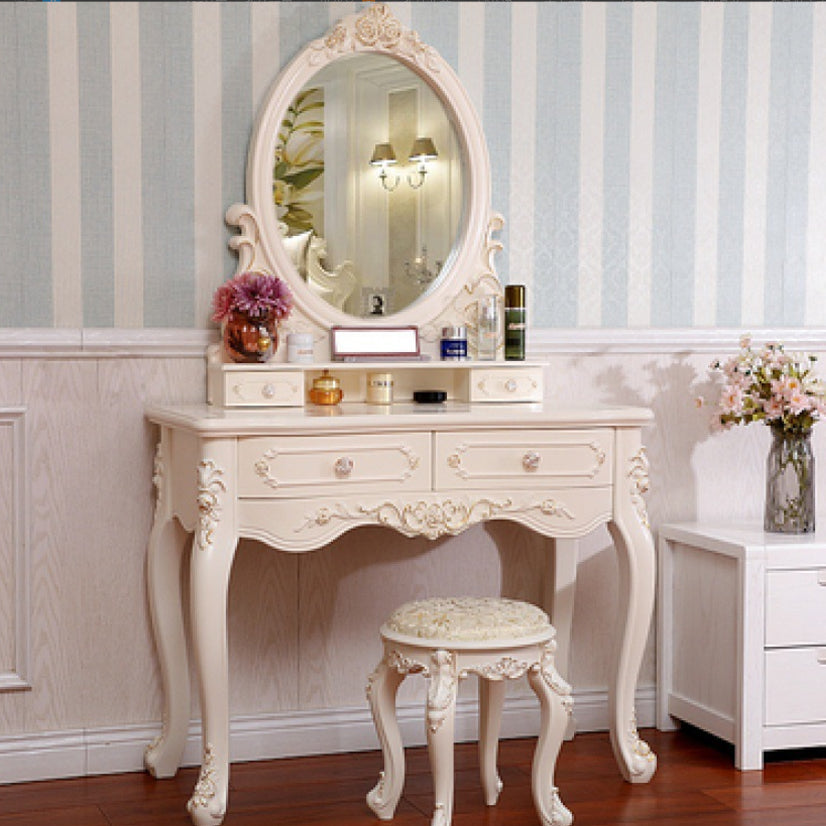 Victorian Bedroom With Drawer Mirror Solid Wood Makeup Vanity Set Makeup Vanity & Stools 39.4"L x 15.7"W x 57"H Ivory Clearhalo 'Bedroom Furniture' 'furn' 'furn_makeup_vanities' 'Furniture' 'Makeup Vanities' 'makeup_vanities' 7004931