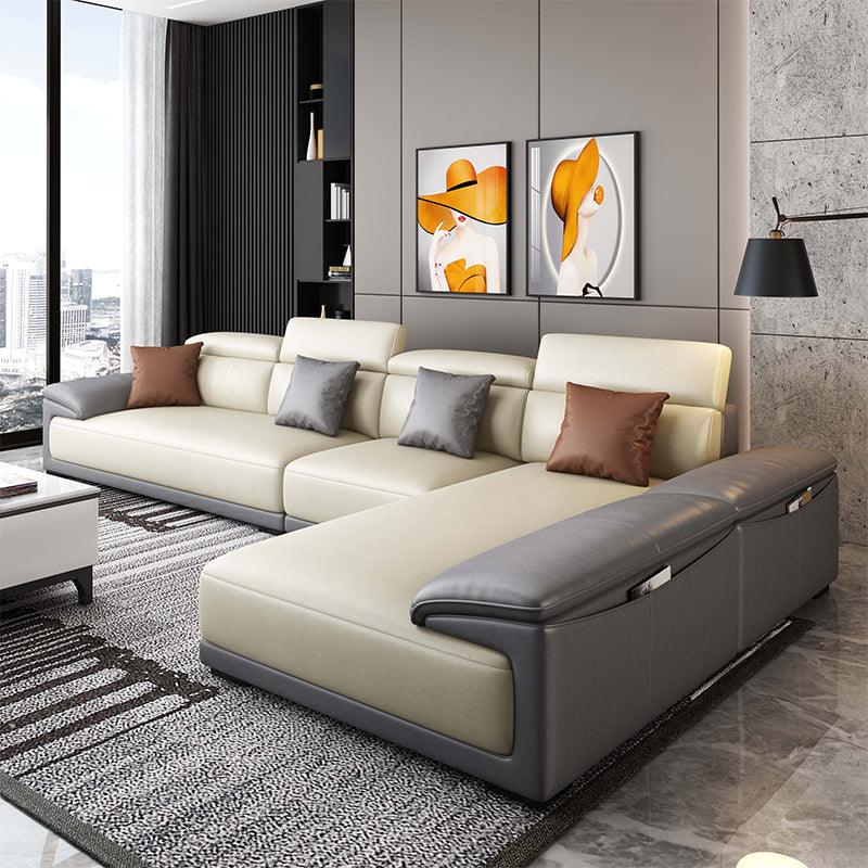 Faux Leather Adjustable Sectional 70"W Contemporary Sectional Sofa with Storage Beige Right Clearhalo 'furn' 'furn_sectionals' 'Furniture' 'Living Room Furniture' 'Sectionals' 7006252