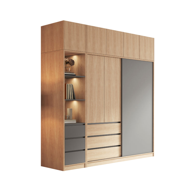 Bedroom Sliding Door Storage Cabinet Light Wood Finish Modern Cabinet with Drawers Armoire & Side Cabinet & Top Cabinet Clearhalo 'Armoires & Wardrobes' 'armoires_wardrobes' 'Bedroom Furniture' 'furn' 'furn_armoires_wardrobes' 'Furniture' 7017290