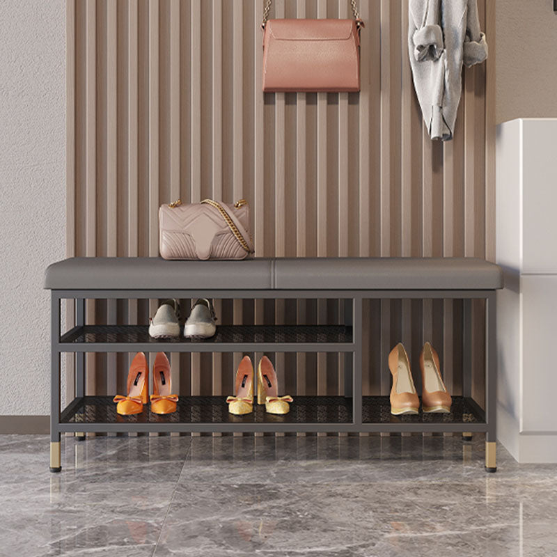 Modern Entryway Bench Cushioned Metal Seating Bench with Shelves , 12.5" Width 47"L x 13"W x 18.5"H Dark Gray Clearhalo 'Benches' 'Chairs & Seating' 'furn' 'furn_benches' 'Furniture' 'Living Room Furniture' 7020556