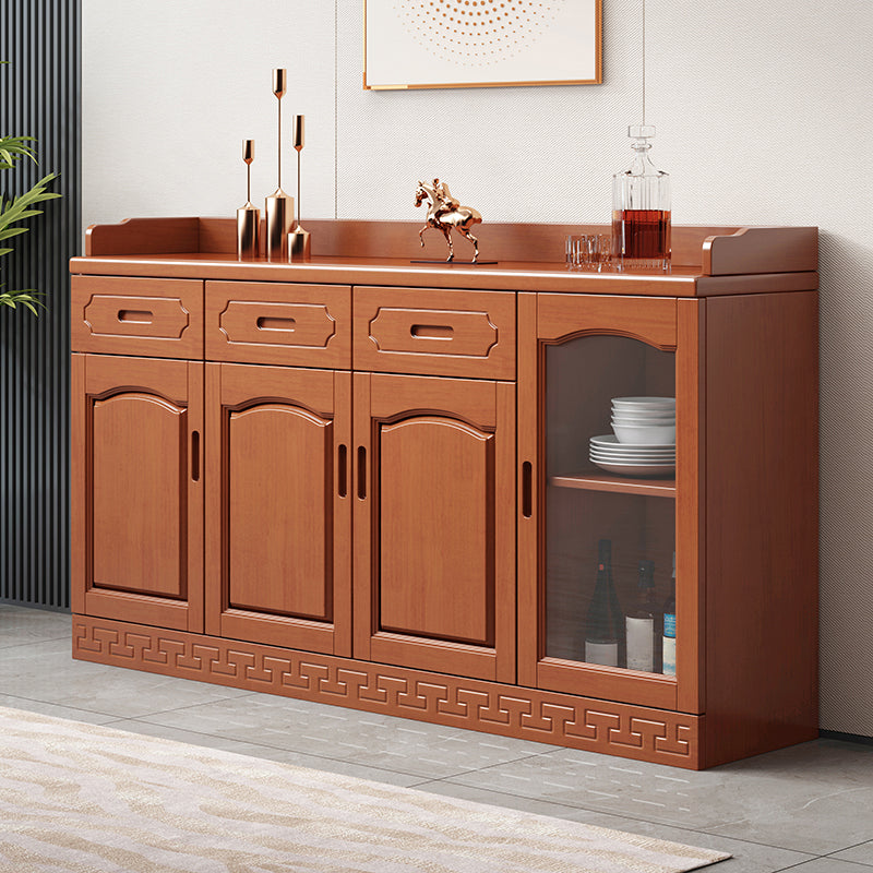 Contemporary Sideboa Wood Glass Doors Side Board with Drawers and Cabinets 63"L x 16"W x 37"H Medium Wood Clearhalo 'buffet_sideboard' 'Buffets & Sideboards' 'furn' 'furn_buffet_sideboard' 'Furniture' 'Kitchen & Dining Furniture' 7049697