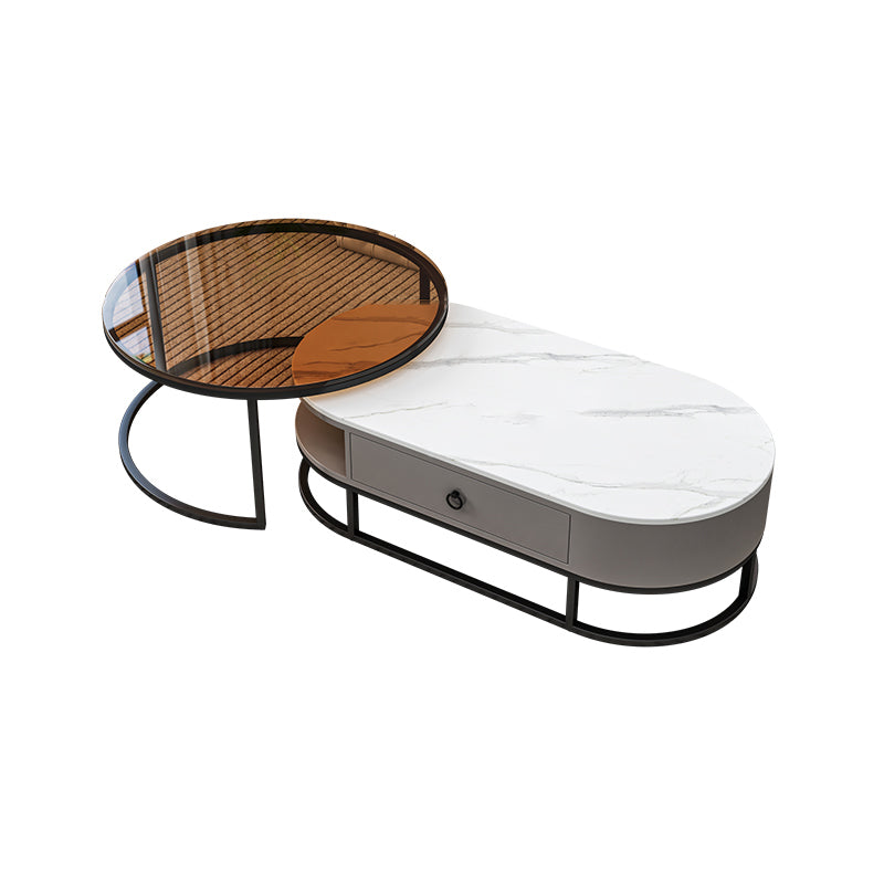 Oval Glass & Slate Coffee Table Set Frame Cocktail Table with Drawers 47"L x 24"W x 16"H + 31.5"L x 31.5"W x 18"H Glass Black Clearhalo 'Coffee & Accent Tables' 'Coffee Tables' 'coffee_tables' 'furn' 'furn_coffee_tables' 'Furniture' 'Living Room Furniture' 7057701