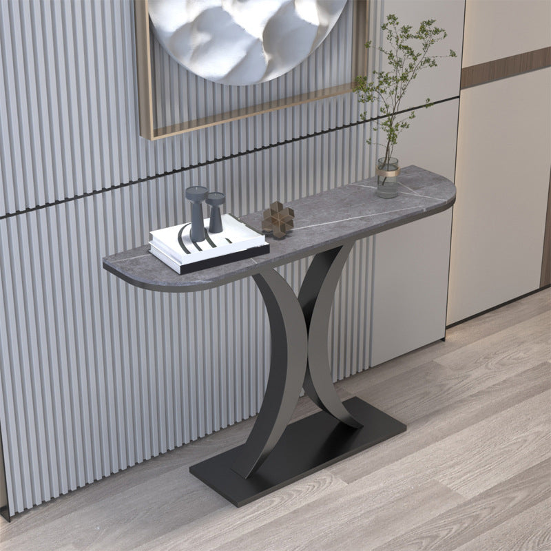12 inch Wide Glam Accent Table Half Moon Shape Metal Console Table for Hall 59"L x 12"W x 31"H Black Gray Clearhalo 'Console Tables' 'console_tables' 'Entry & Mudroom Furniture' 'furn' 'furn_console_tables' 'Furniture' 7065854