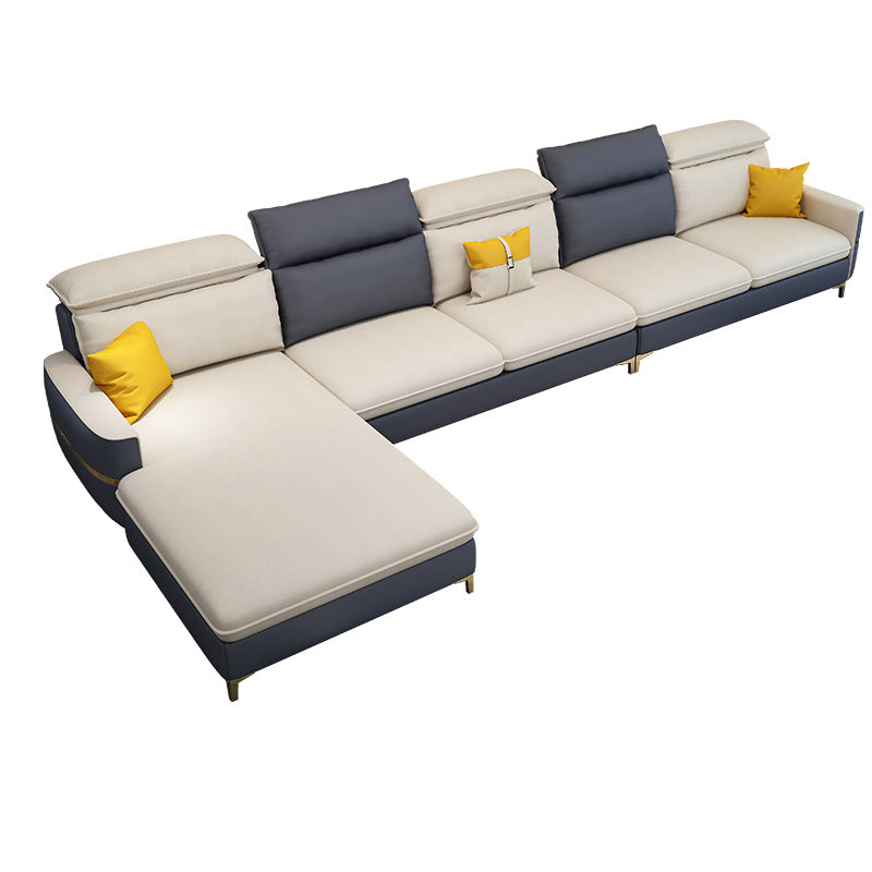 Glam Sectional Sofa Beige Leather Sectional with Bostol Pillows