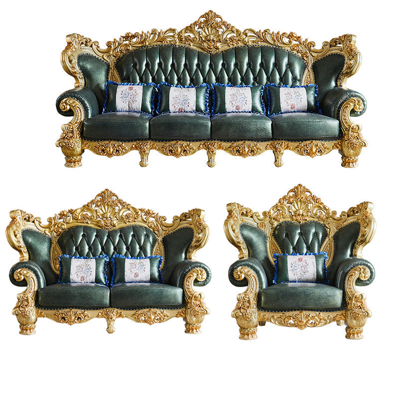 Sofá de cuero verde genuino Sofá con brazo enrollado con retroceso dividido