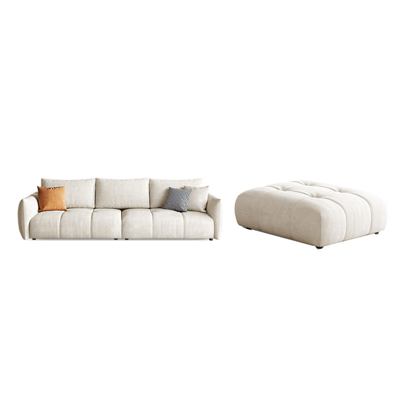 Modern Genuine Leather Square Arm Sofa White Sofa with Bolster Pillows