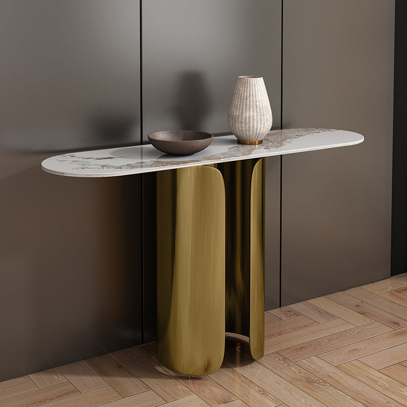 16 inch Wide Glam Console Table Oval Shape Stone Accent Table for Hall