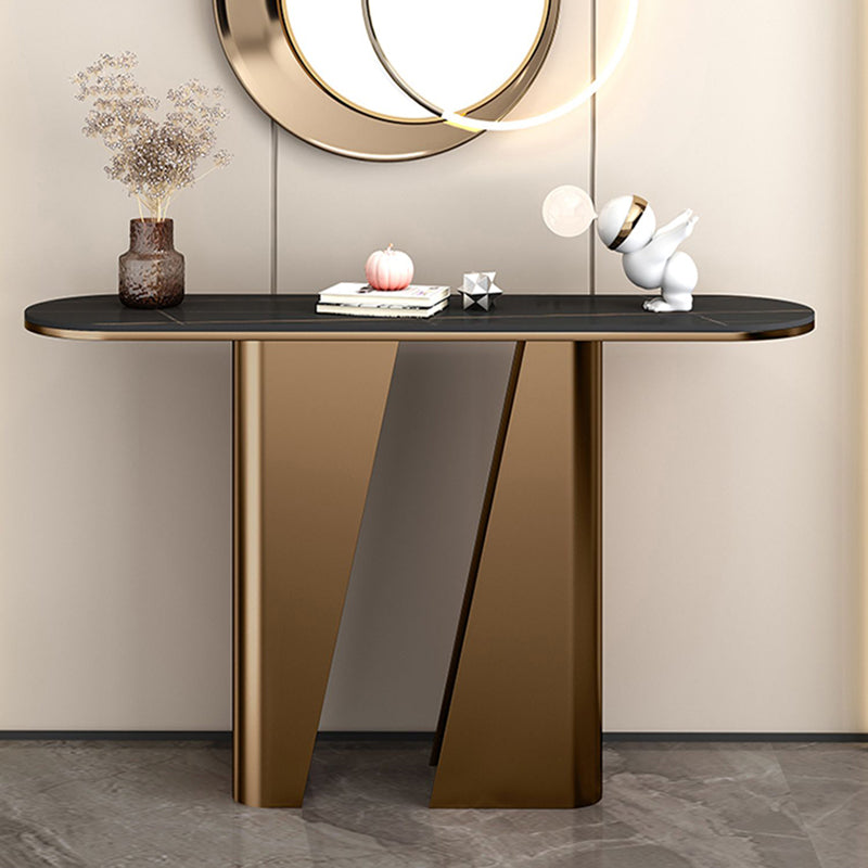14 inch Wide Glam Accent Table Oval Shape Stone Console Table