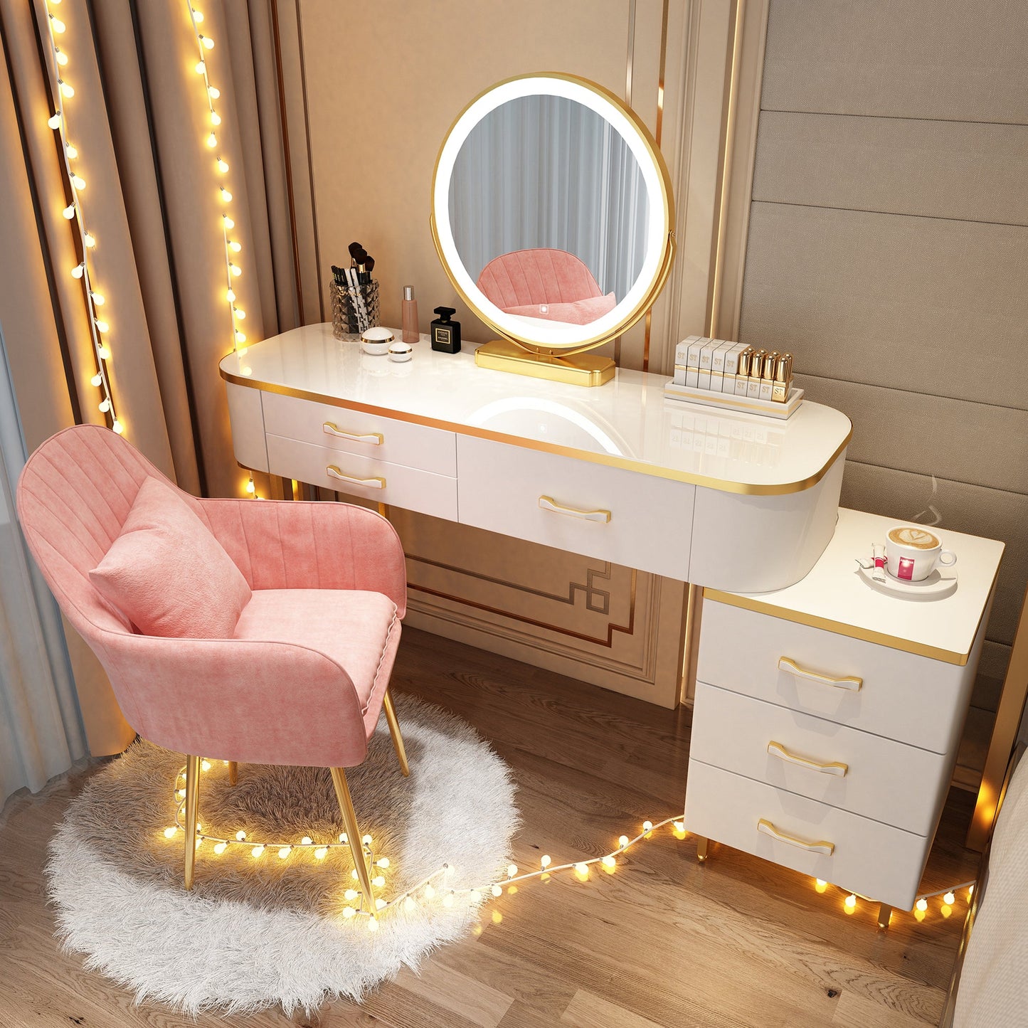 Wooden Makeup Vanity Desk Lighted Mirror Dressing Table Stool Set with Drawer